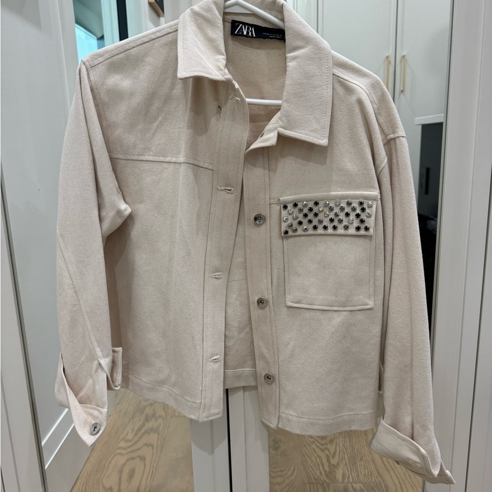 Zara Cream Jean Jacket with Textured Cotton Blend